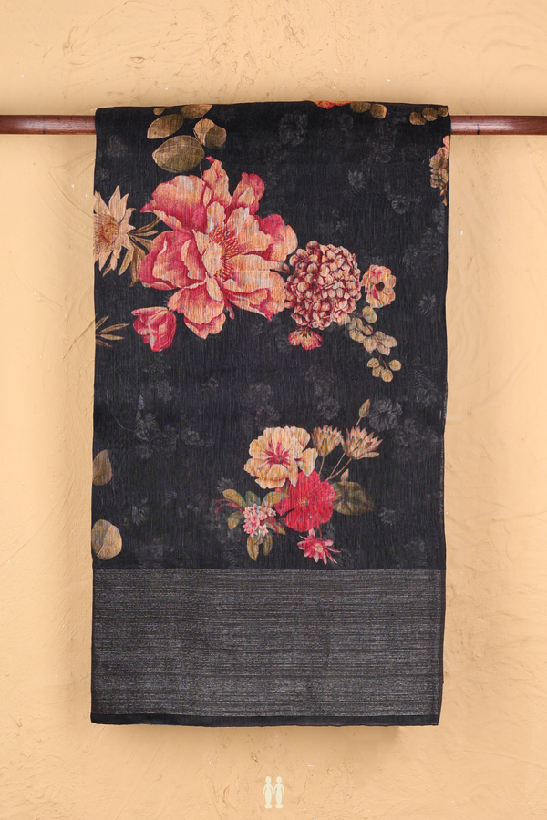 Linen Saree In Black With Floral Printed Design
