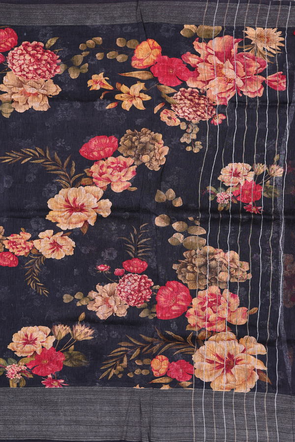 Linen Saree In Black With Floral Printed Design