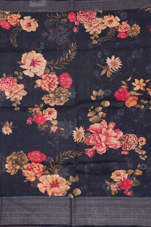 Linen Saree In Black With Floral Printed Design
