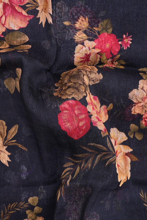 Linen Saree In Black With Floral Printed Design