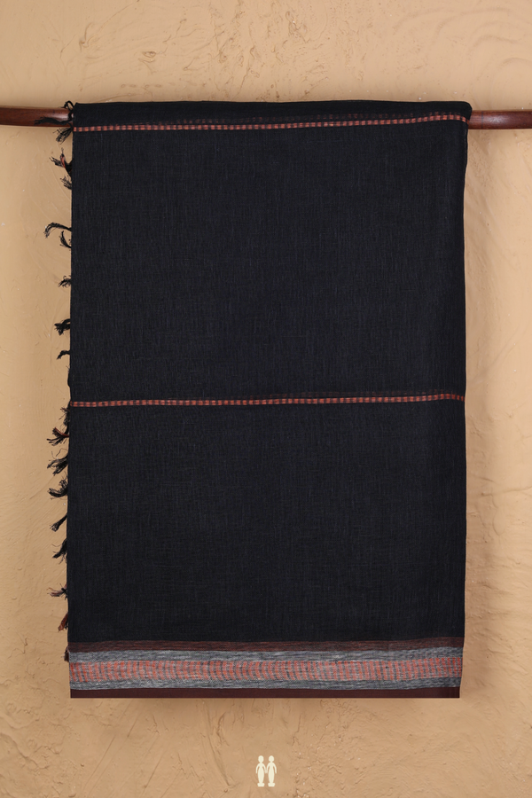 Linen Saree In Black With Stripes Design