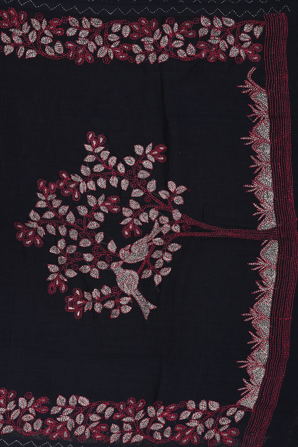 Linen Saree In Black With Threadwork Border