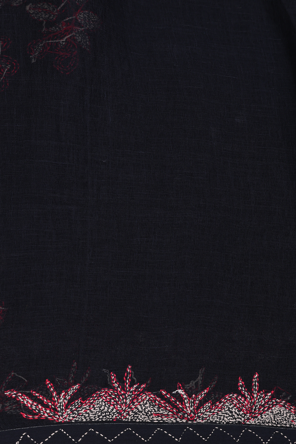 Linen Saree In Black With Threadwork Border