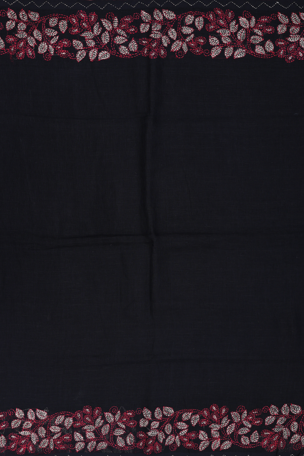 Linen Saree In Black With Threadwork Border