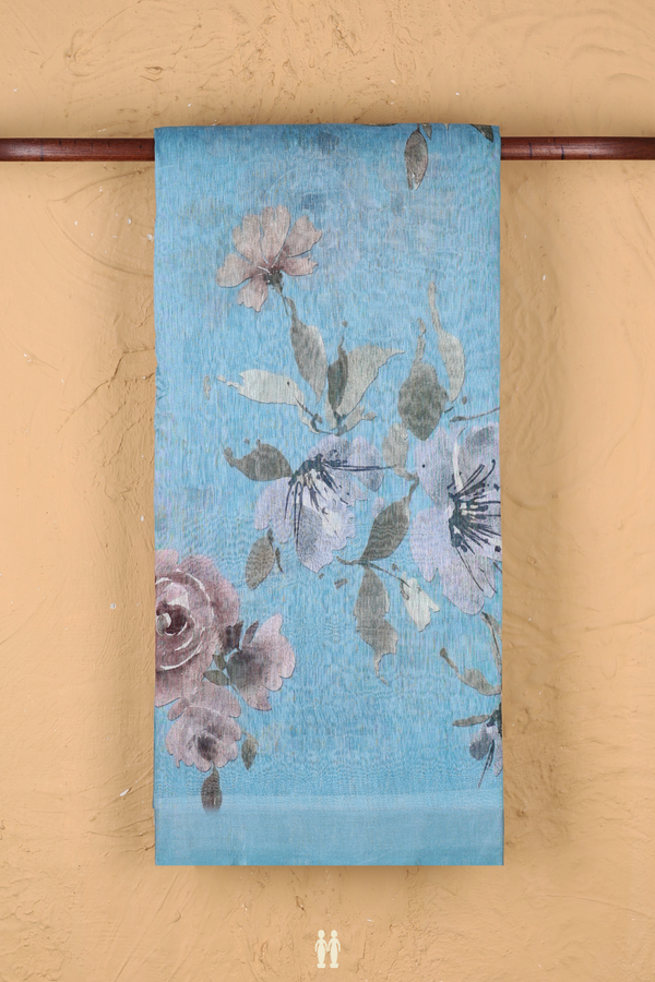 Linen Saree In Blue With Floral Printed Design