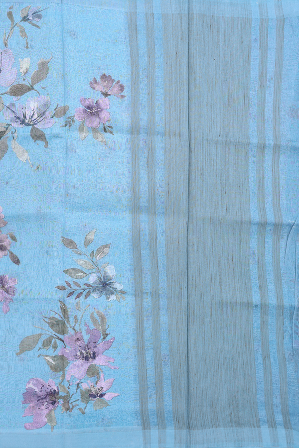 Linen Saree In Blue With Floral Printed Design