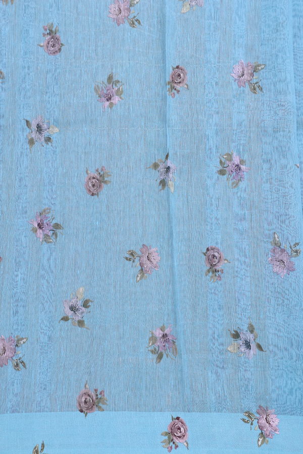 Linen Saree In Blue With Floral Printed Design