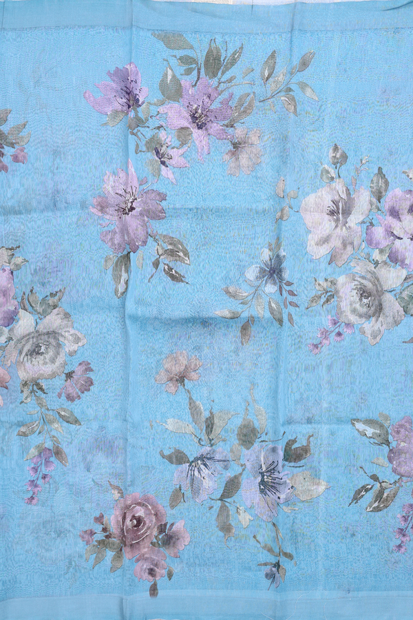 Linen Saree In Blue With Floral Printed Design