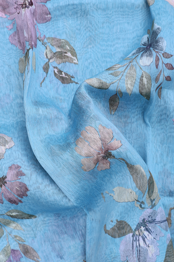 Linen Saree In Blue With Floral Printed Design