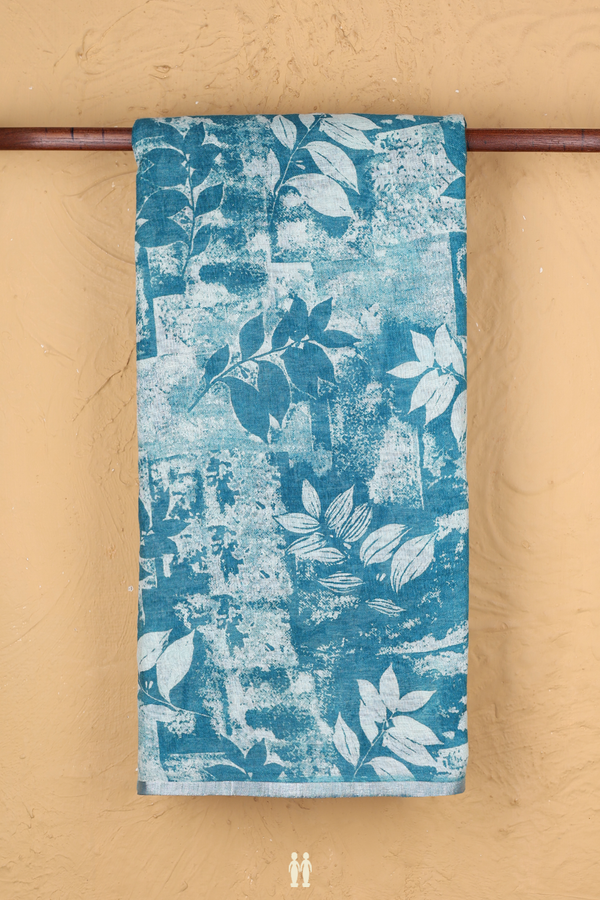 Linen Saree In Blue With Leaf Design