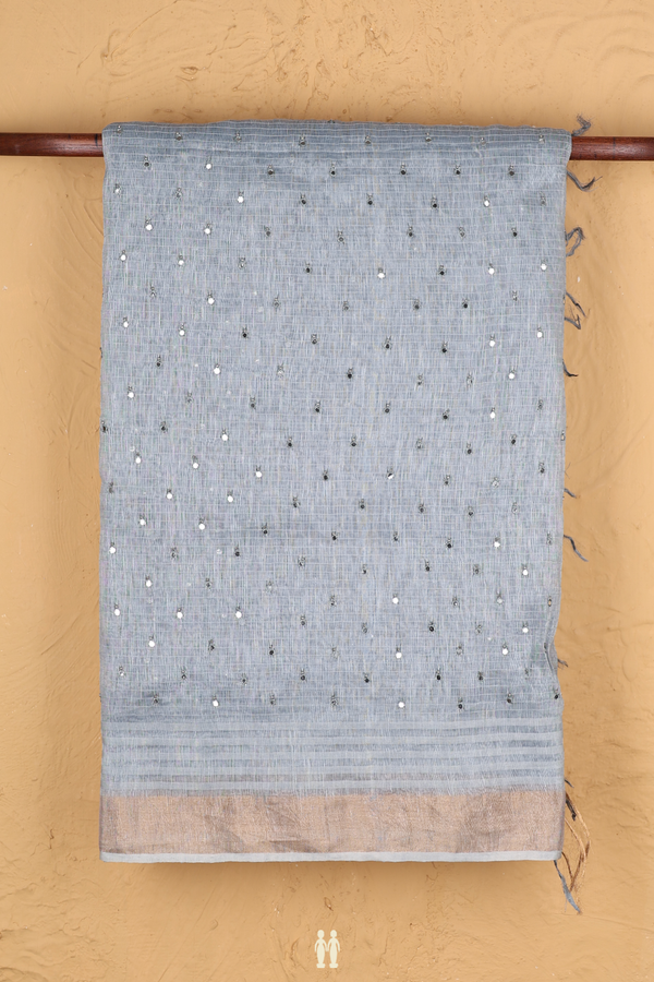 Linen Saree In Blue With Mirror Work Buttis