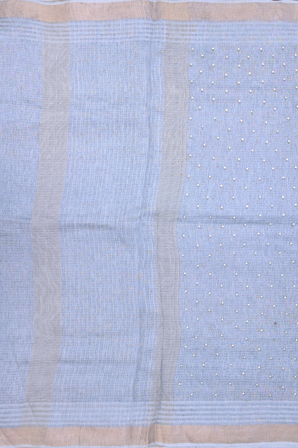 Linen Saree In Blue With Mirror Work Buttis