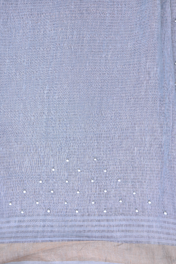 Linen Saree In Blue With Mirror Work Buttis