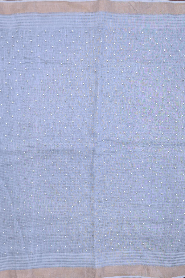 Linen Saree In Blue With Mirror Work Buttis