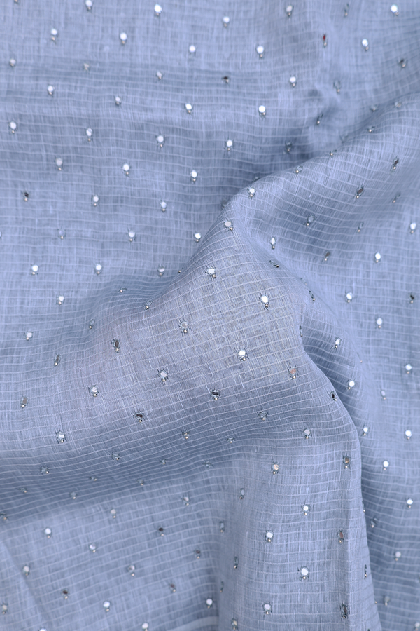 Linen Saree In Blue With Mirror Work Buttis