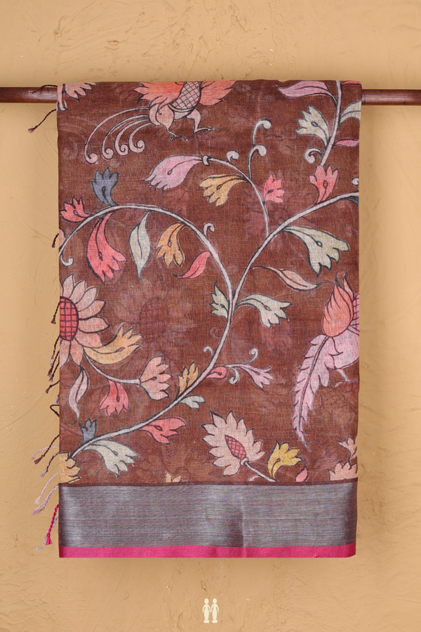 Linen Saree In Brown With Floral Design