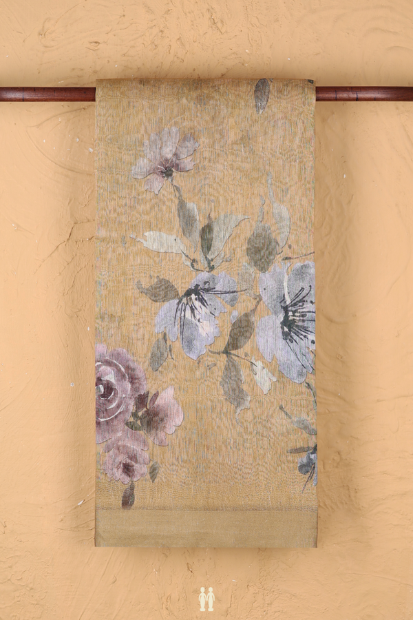 Linen Saree In Brown With Floral Printed Design