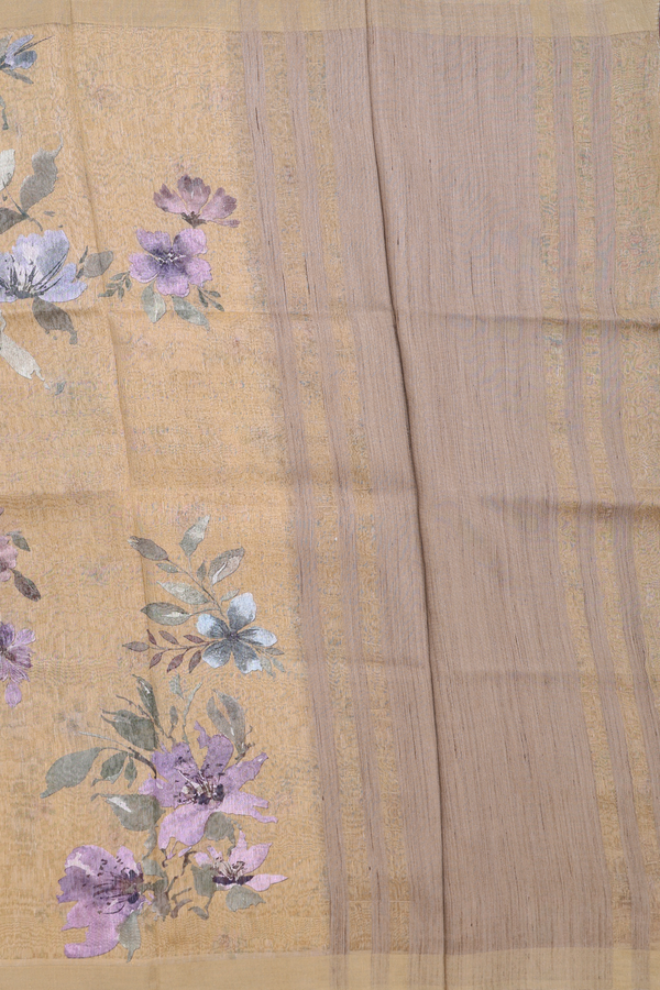 Linen Saree In Brown With Floral Printed Design
