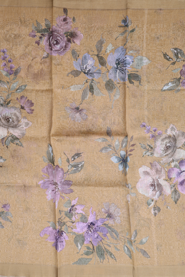Linen Saree In Brown With Floral Printed Design