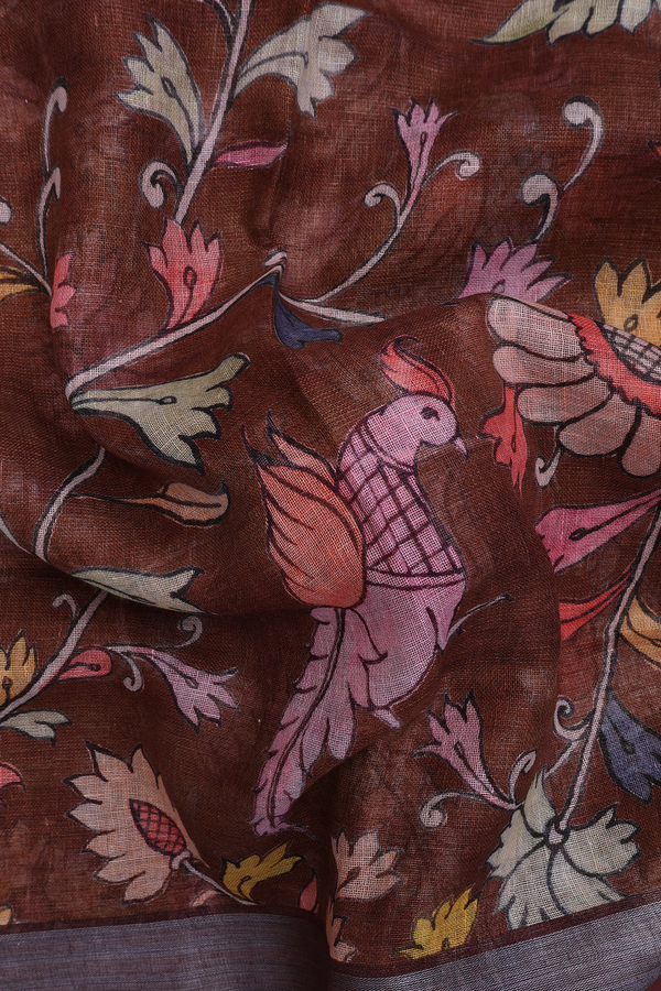 Linen Saree In Brown With Floral Design