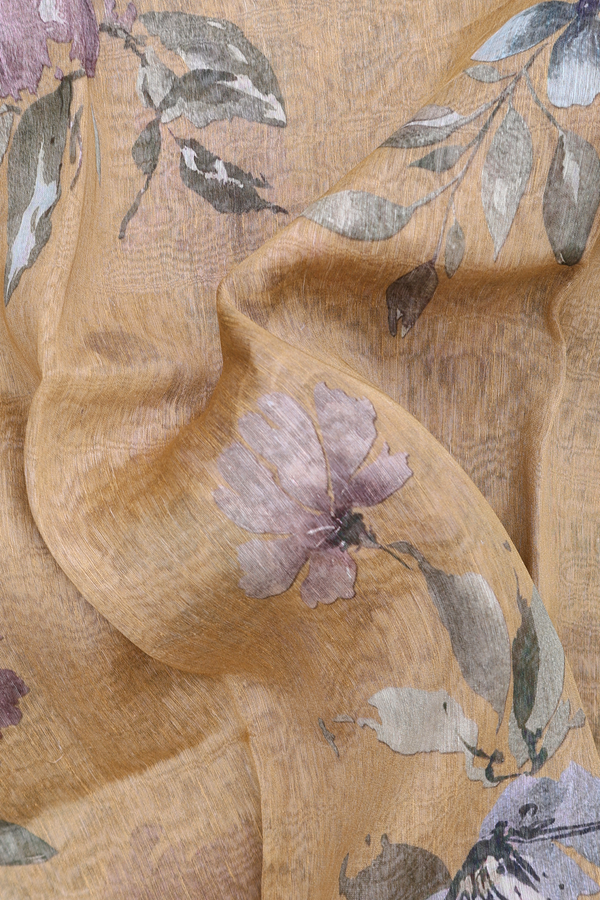 Linen Saree In Brown With Floral Printed Design