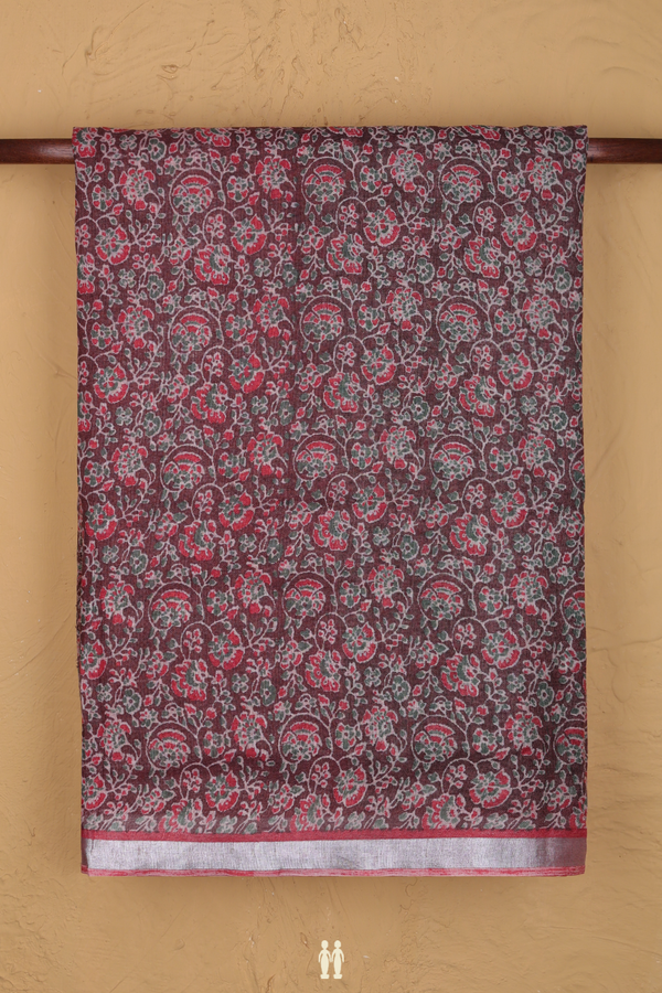 Linen Saree In Brown With Floral Printed Design