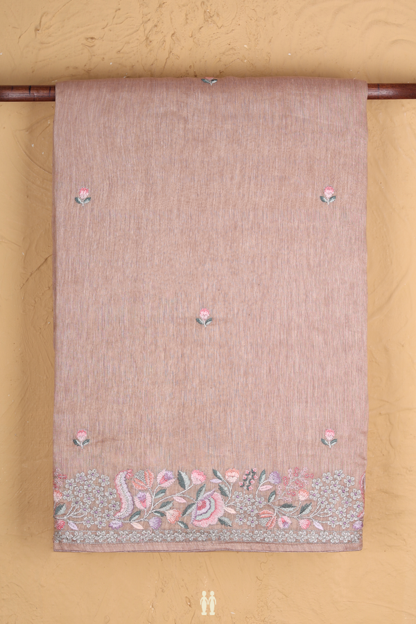 Linen Saree In Brown With Floral Threadwork Buttas