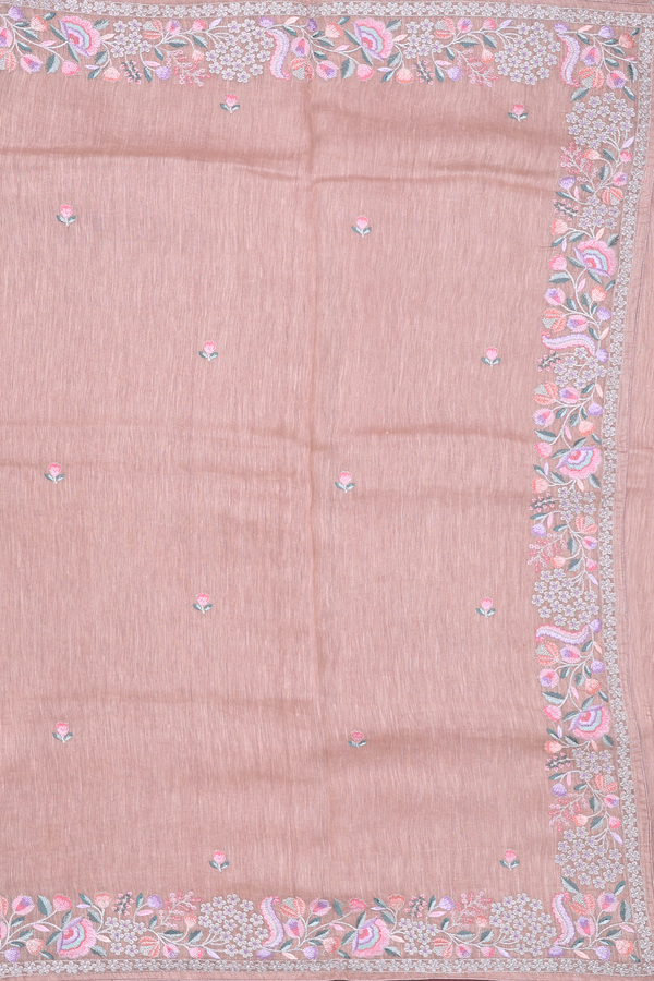 Linen Saree In Brown With Floral Threadwork Buttas