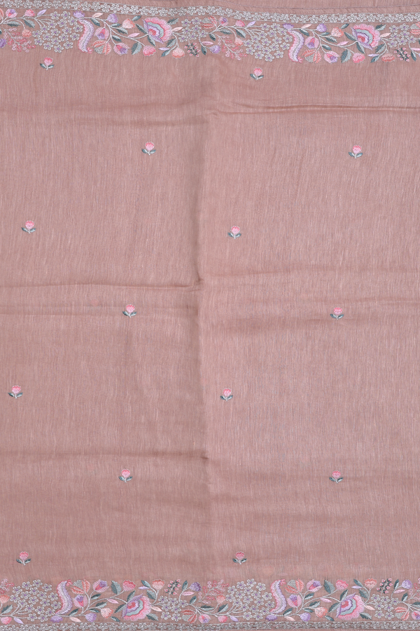 Linen Saree In Brown With Floral Threadwork Buttas