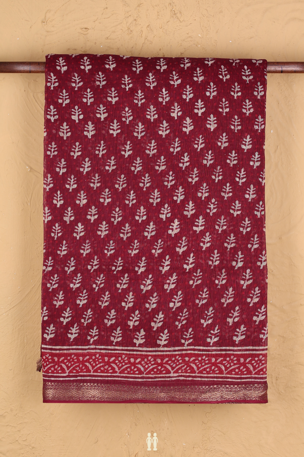 Linen Saree In Burgundy Red With Printed Design