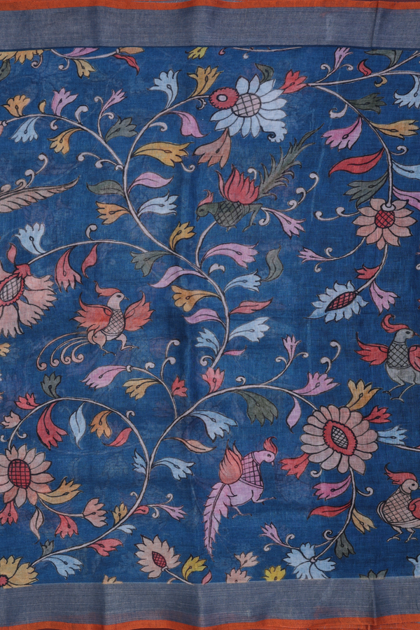 Linen Saree In Capri Blue With Floral Printed Design