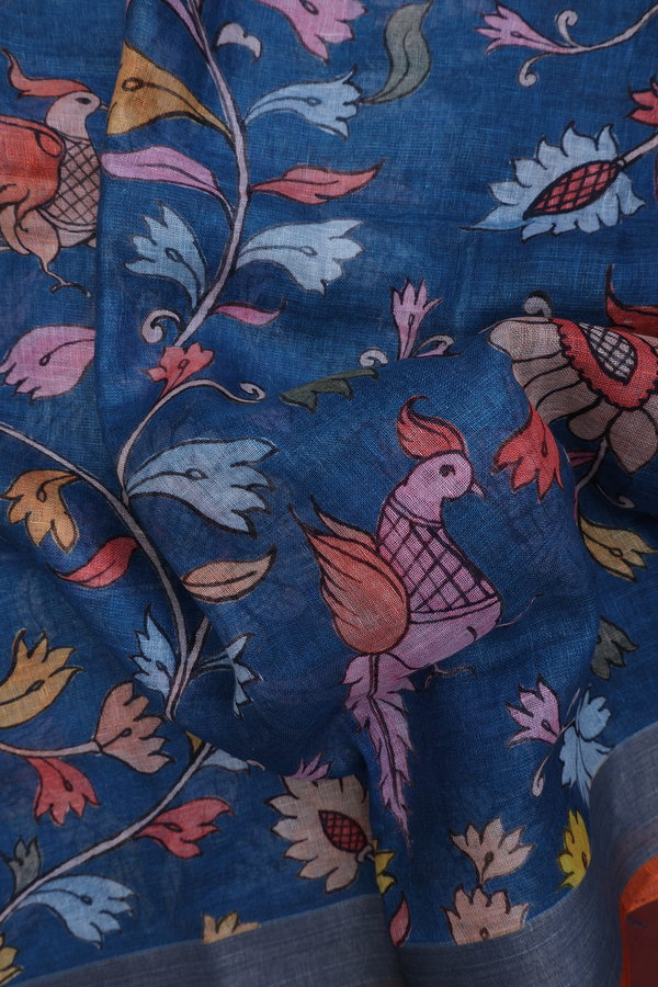 Linen Saree In Capri Blue With Floral Printed Design