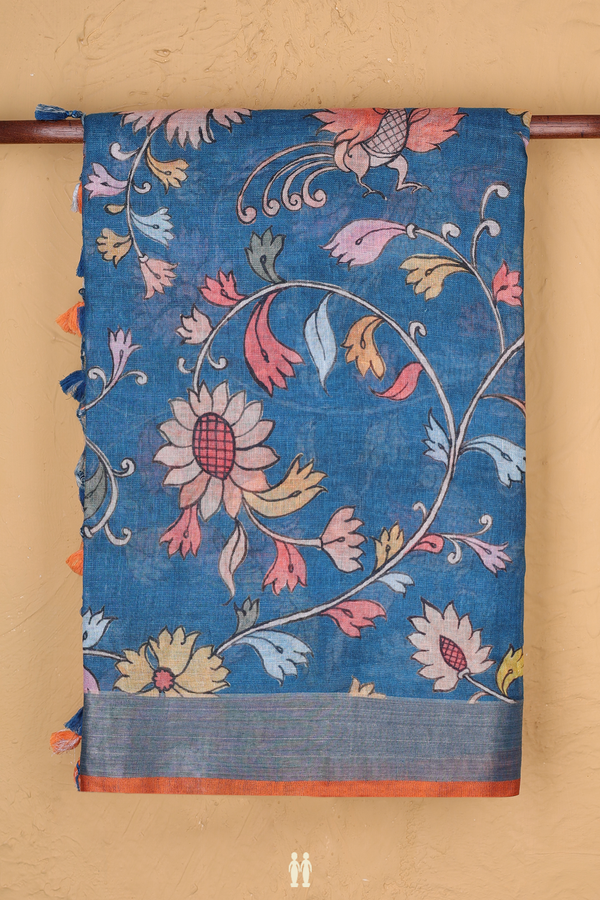 Linen Saree In Capri Blue With Floral Printed Design
