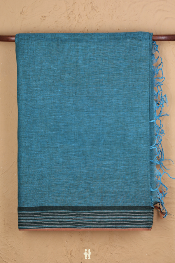 Linen Saree In Cerulean Blue With Stripes Border
