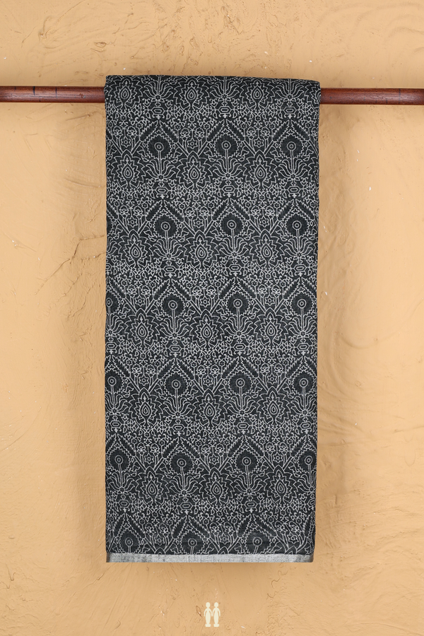 Linen Saree In Charcoal Grey With Printed Design