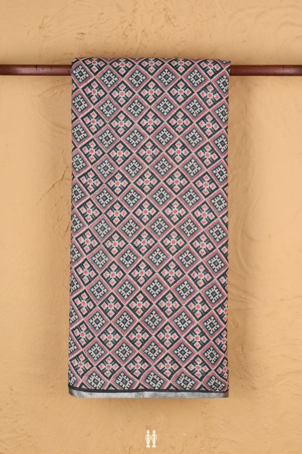 Linen Saree In Charcoal Grey With Printed Design