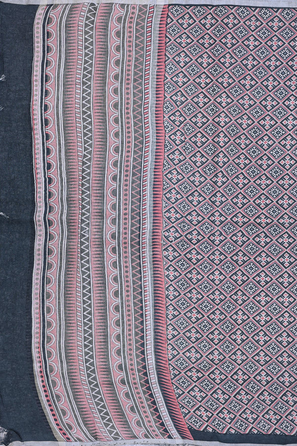 Linen Saree In Charcoal Grey With Printed Design