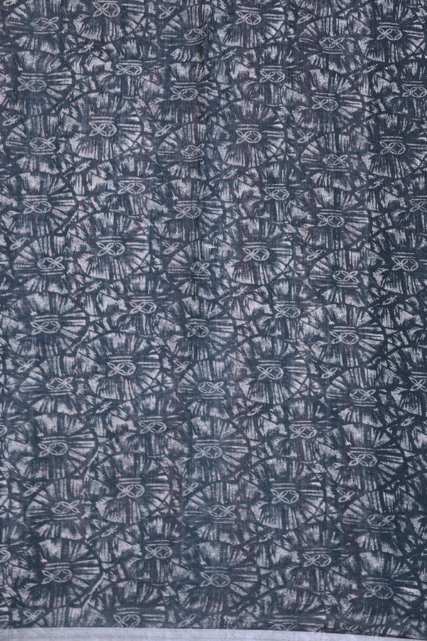 Linen Saree In Charcoal Grey With Printed Design