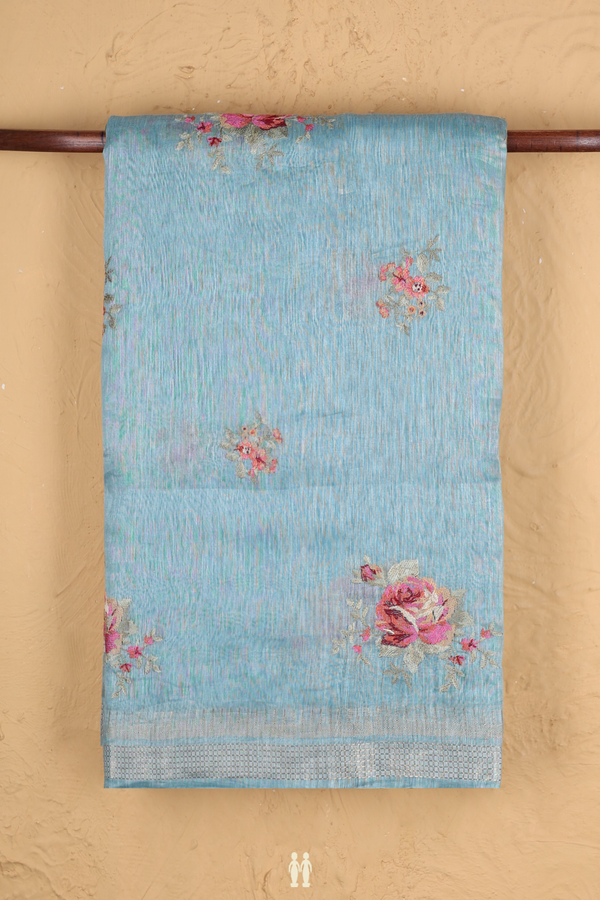 Linen Saree In Dusty Blue With Floral Design