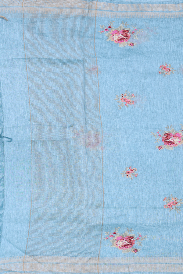 Linen Saree In Dusty Blue With Floral Design