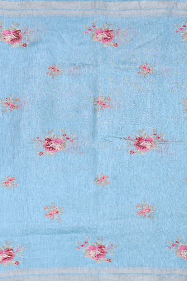 Linen Saree In Dusty Blue With Floral Design