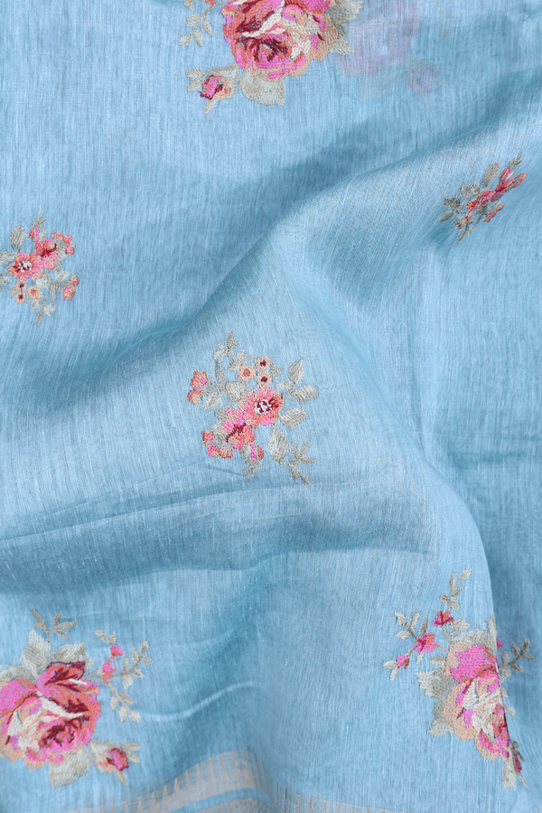 Linen Saree In Dusty Blue With Floral Design