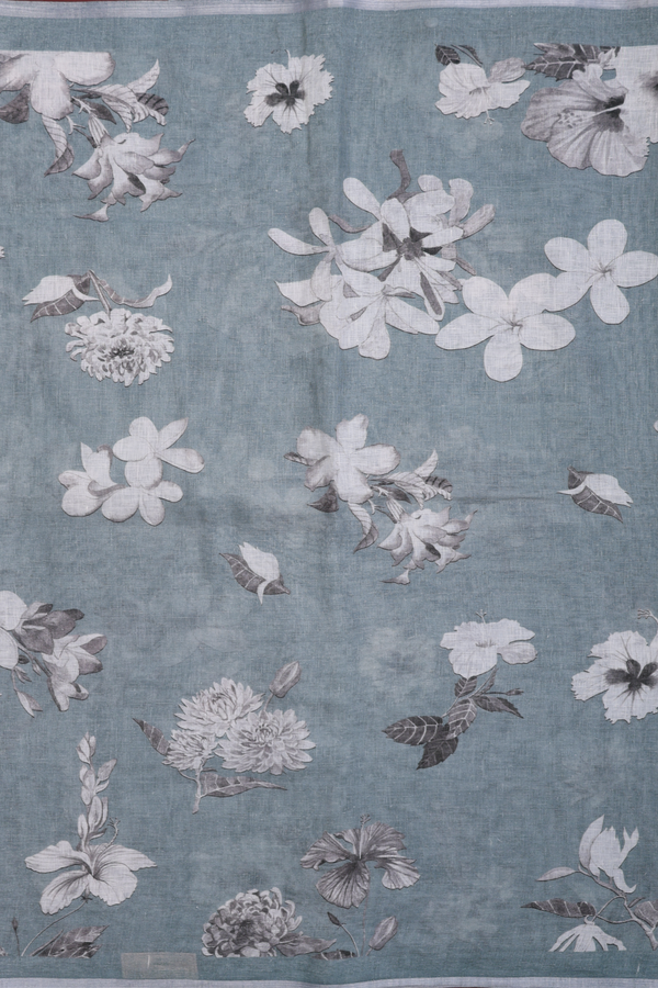 Linen Saree In Dusty Green With Floral Design