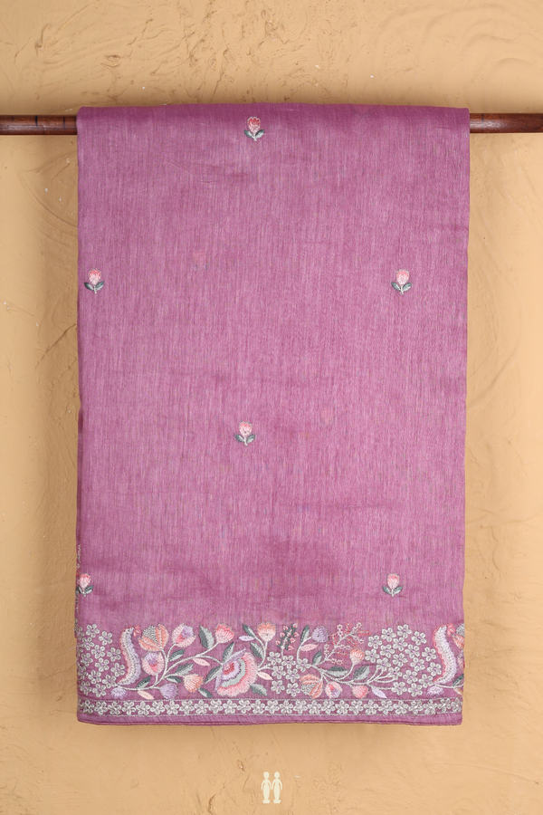 Linen Saree In Dusty Purple Floral Threadwork Buttas