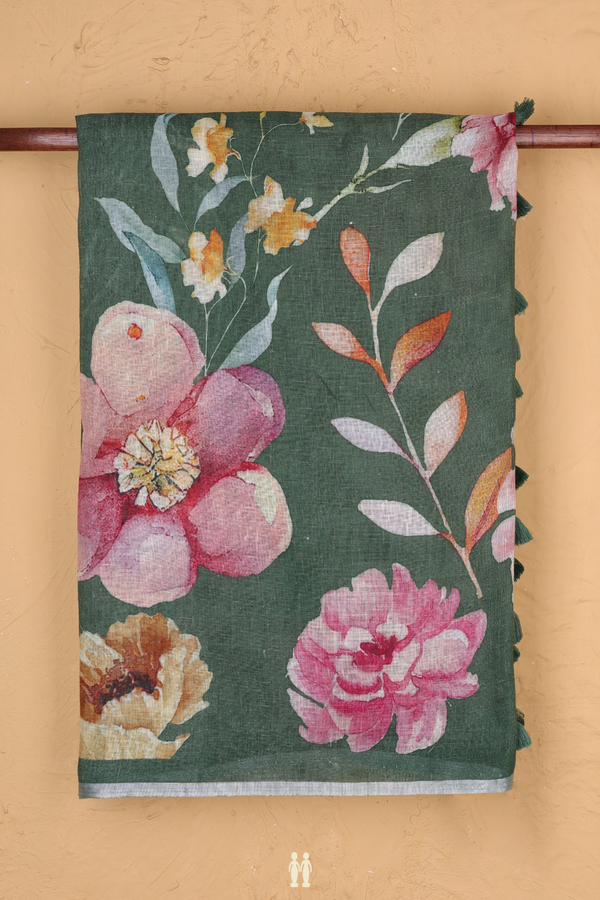 Linen Saree In Fern Green With Floral Design