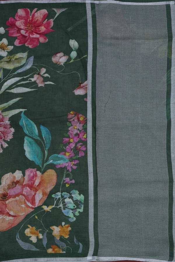 Linen Saree In Fern Green With Floral Design