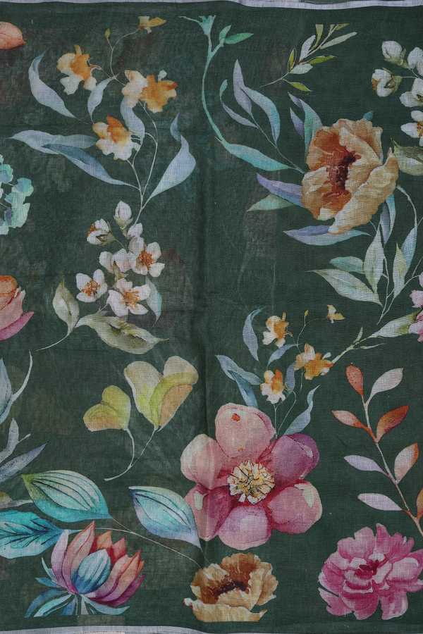 Linen Saree In Fern Green With Floral Design