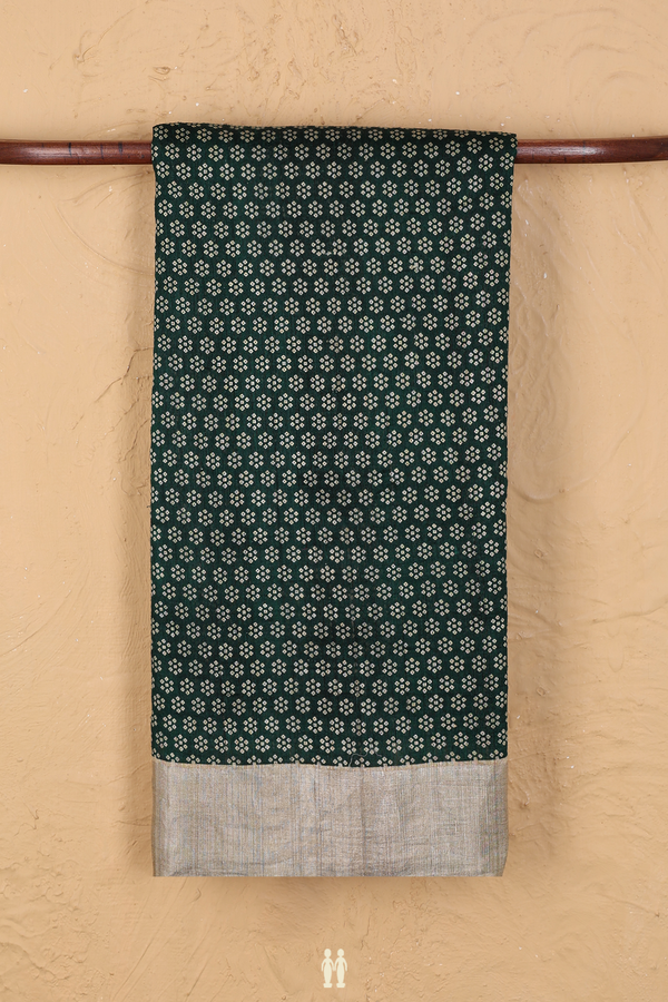 Linen Saree In Forest Green With Floral Design