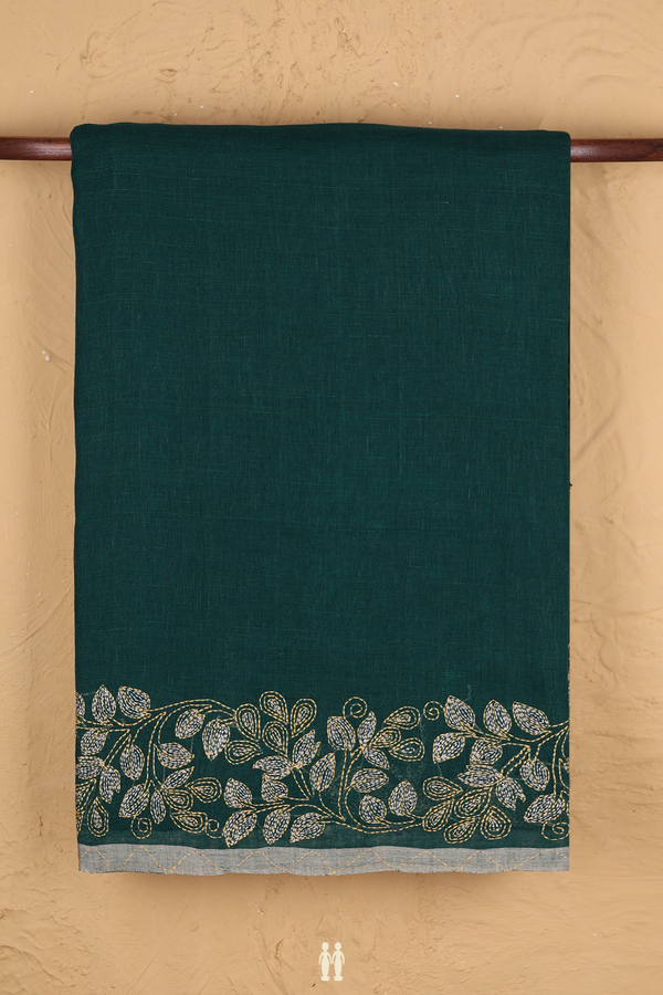 Linen Saree In Forest Green With Threadwork Border
