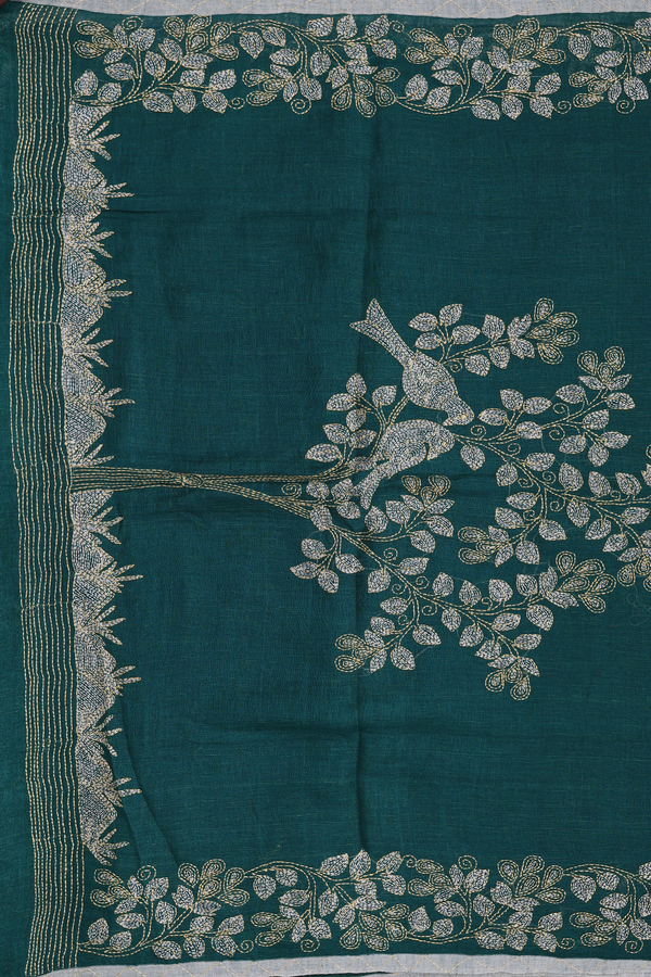 Linen Saree In Forest Green With Threadwork Border